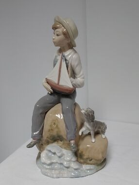 Vintage Lladro "Sea Fever" Porcelain Boy with Sailboat and Dog Figurine